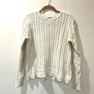Lands’ End 100% cotton white Cableknit Crewneck fisherman sweater large white